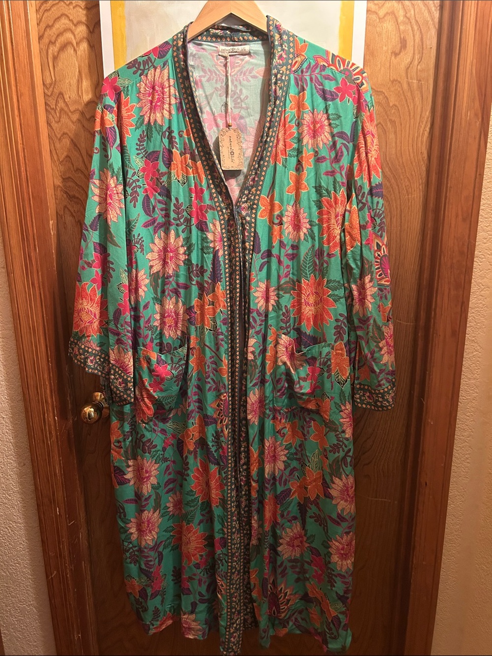 NATURAL LIFE Turquoise Floral Long Sleeve Maxi Kimono Dress